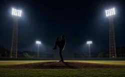 ナイター照明に照らされた野球場のマウンドで投球フォームに入る投手のシルエット