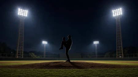 ナイター照明に照らされた野球場のマウンドで投球フォームに入る投手のシルエット