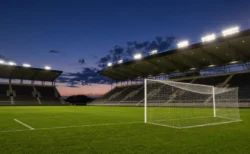 サッカースタジアムのピッチとゴールネット、夕方のナイター照明のイメージ