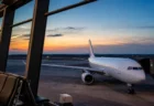 夕暮れの空港ターミナルから見える駐機中の旅客機