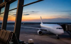 夕暮れの空港ターミナルから見える駐機中の旅客機
