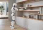 白を基調とした近未来的なヒューマノイドロボットが室内で棚に物を置いている写実的な情景