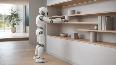 白を基調とした近未来的なヒューマノイドロボットが室内で棚に物を置いている写実的な情景