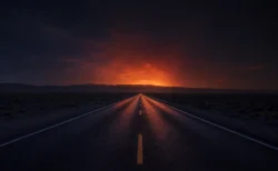 夜の荒野をまっすぐ伸びるハイウェイ、地平線が炎のようなオレンジの光に包まれている