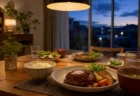 夕暮れの家庭のダイニングテーブルに夕食の準備が並ぶ、温かい照明の写実的な情景。人物は写っていない