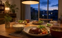 夕暮れの家庭のダイニングテーブルに夕食の準備が並ぶ、温かい照明の写実的な情景。人物は写っていない