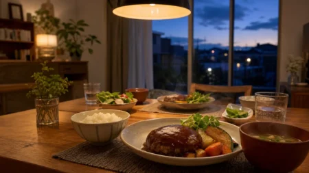 夕暮れの家庭のダイニングテーブルに夕食の準備が並ぶ、温かい照明の写実的な情景。人物は写っていない