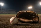 高校野球のグラウンドに置かれた硬式野球のボールとグラブ、背景にナイタースタジアムの照明塔