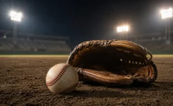高校野球のグラウンドに置かれた硬式野球のボールとグラブ、背景にナイタースタジアムの照明塔