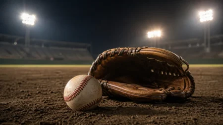 高校野球のグラウンドに置かれた硬式野球のボールとグラブ、背景にナイタースタジアムの照明塔