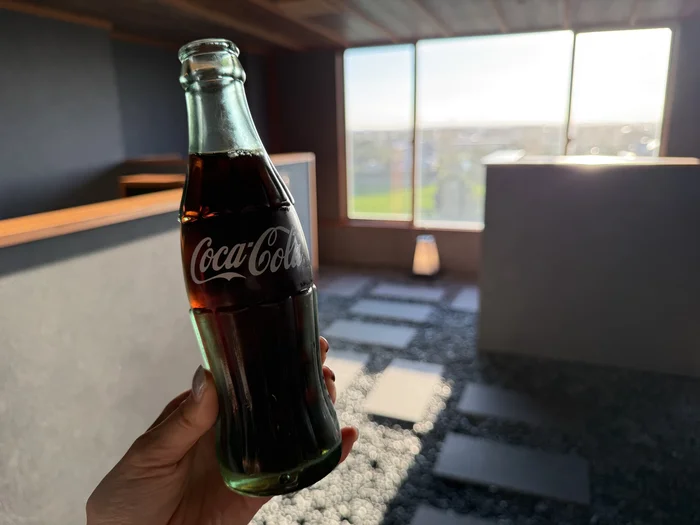 画像 ラウンジの窓を背景に瓶のコカ・コーラを持った手
