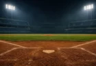 ナイター照明に照らされた野球場の内野と打席付近の写実的なイメージ