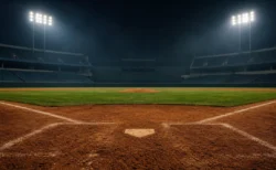 ナイター照明に照らされた野球場の内野と打席付近の写実的なイメージ