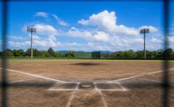 バックネット越しに見る夏の高校野球場のマウンドとホームベース、青空と入道雲