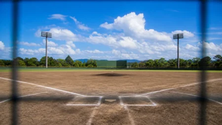 バックネット越しに見る夏の高校野球場のマウンドとホームベース、青空と入道雲