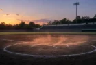 夕暮れの高校野球場、内野ダイヤモンドと舞い上がる土埃、ぼやけたスタンド