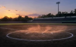 夕暮れの高校野球場、内野ダイヤモンドと舞い上がる土埃、ぼやけたスタンド