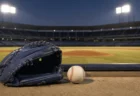 ナイター照明が灯る野球スタジアムのベンチ前に置かれたグラブとボール