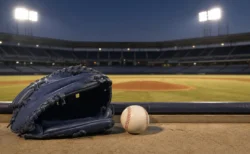 ナイター照明が灯る野球スタジアムのベンチ前に置かれたグラブとボール