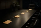 夜の無人会議室で封筒が順番に受け渡される様子を示す机と椅子