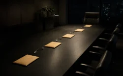 夜の無人会議室で封筒が順番に受け渡される様子を示す机と椅子