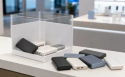 家電量販店の店頭でモバイルバッテリーをリサイクル回収ボックスに入れるイメージ