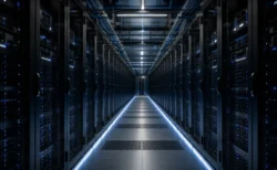 AIデータセンターのサーバールーム、青白いLEDが並ぶサーバーラックの通路
