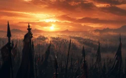 夕暮れの古代中国の戦場、無数の旗指物と槍のシルエットが夕焼け空に浮かぶ大規模な軍勢の気配