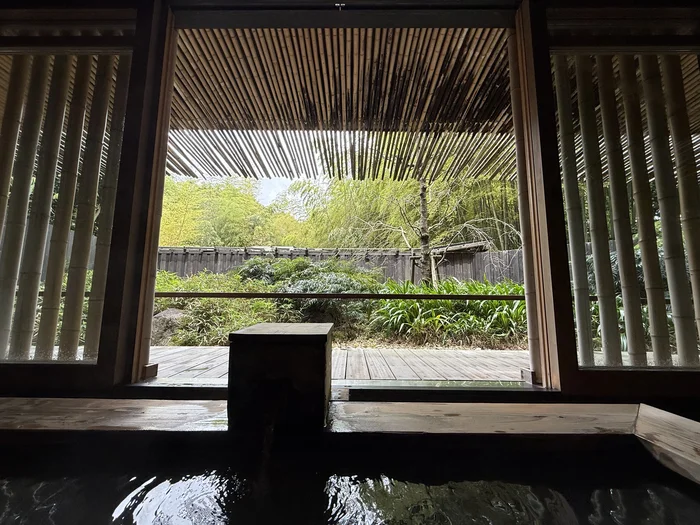 画像 朝の湯船越しに見える竹林と専用の庭
