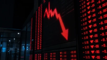 証券取引所の株価電光掲示板、下落を示すイメージ