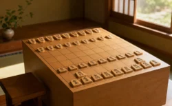 朝の柔らかい光の中に置かれた将棋盤と駒