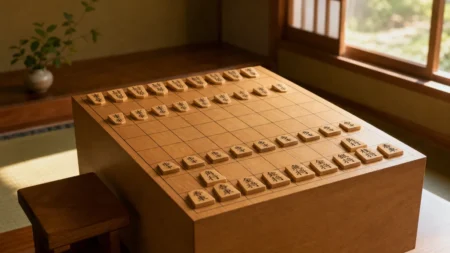 朝の柔らかい光の中に置かれた将棋盤と駒