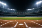 ナイター照明に照らされた野球スタジアムのホームプレート付近、ホームランダービーをイメージした情景