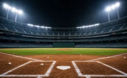 ナイター照明に照らされた野球スタジアムのホームプレート付近、ホームランダービーをイメージした情景