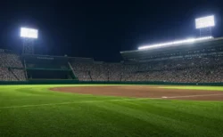 甲子園球場を思わせるナイター照明のスタジアムと満員のスタンド