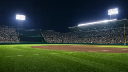 甲子園球場を思わせるナイター照明のスタジアムと満員のスタンド