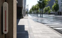 強い日差しで熱気が揺らぐ無人の街路と高温を示す温度計