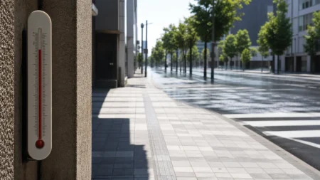 強い日差しで熱気が揺らぐ無人の街路と高温を示す温度計