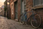 英国の石畳の路地にたたずむクラシックな青いヴィンテージ自転車