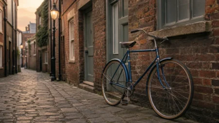 英国の石畳の路地にたたずむクラシックな青いヴィンテージ自転車