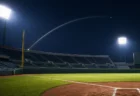 プロ野球のナイター照明の下で本塁打の打球軌道をイメージした写真