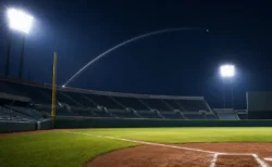 プロ野球のナイター照明の下で本塁打の打球軌道をイメージした写真