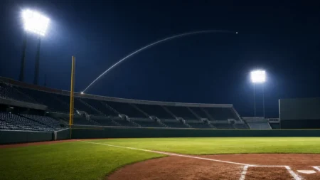 プロ野球のナイター照明の下で本塁打の打球軌道をイメージした写真