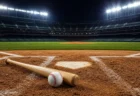 ナイター照明に照らされたプロ野球スタジアムのグラウンド