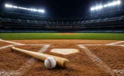 ナイター照明に照らされたプロ野球スタジアムのグラウンド