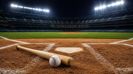ナイター照明に照らされたプロ野球スタジアムのグラウンド