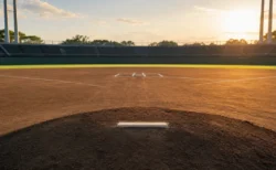 高校野球の球場、マウンドとホームベースを結ぶ夕方の光のイメージ