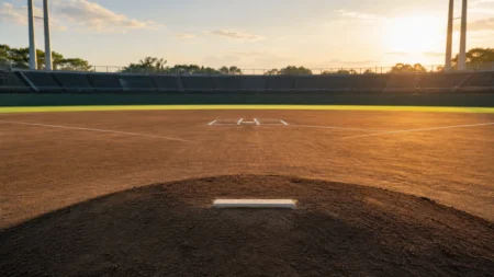 高校野球の球場、マウンドとホームベースを結ぶ夕方の光のイメージ