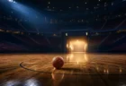 夜の無人アリーナのコートに置かれたバスケットボールと奥へ続く光