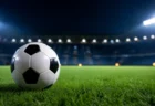 ナイター照明のスタジアムに置かれたサッカーボール